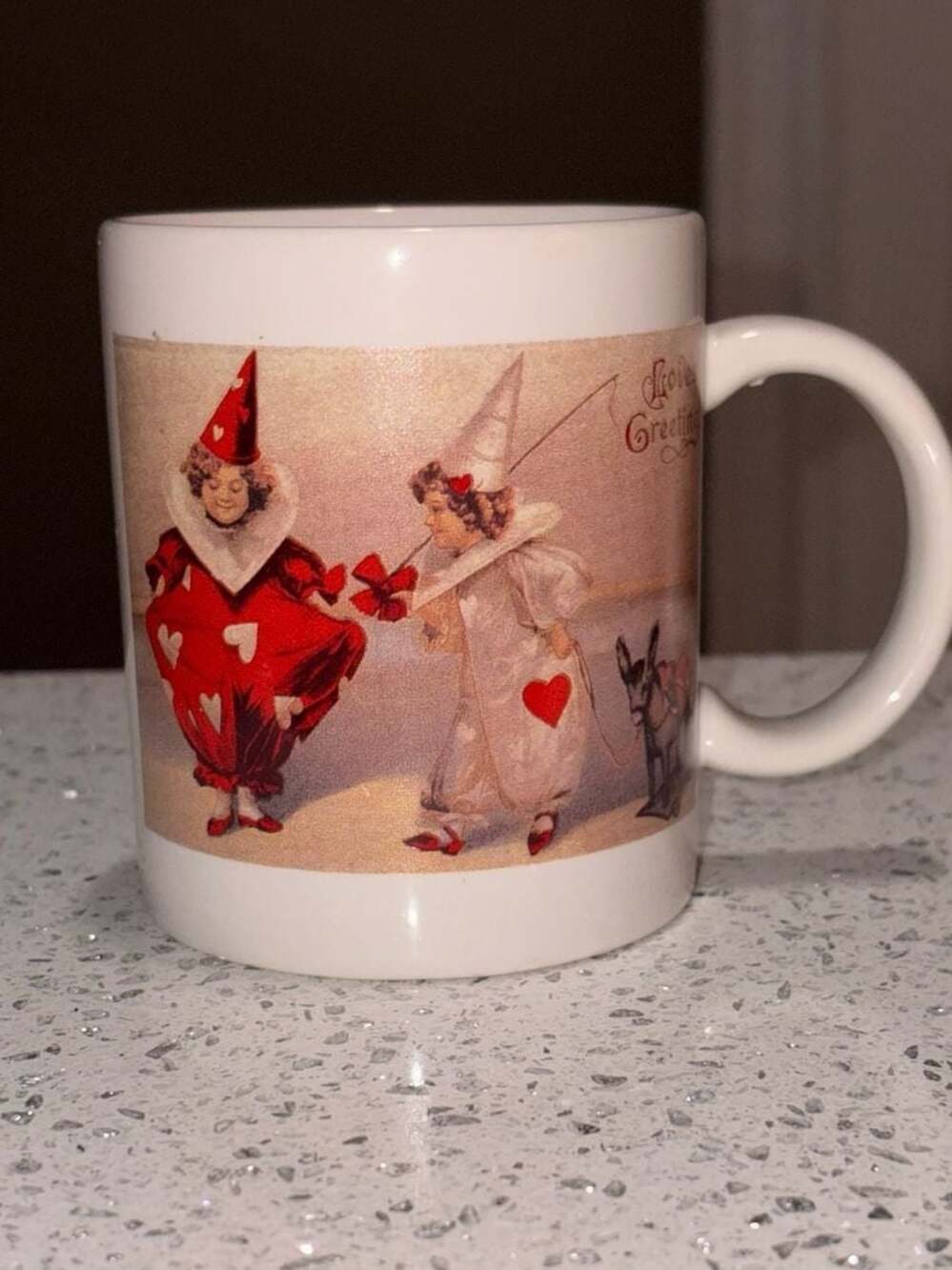 Vintage Victorian Valentine Love's Greeting Harlequin Clowns Ceramic Coffee Mug